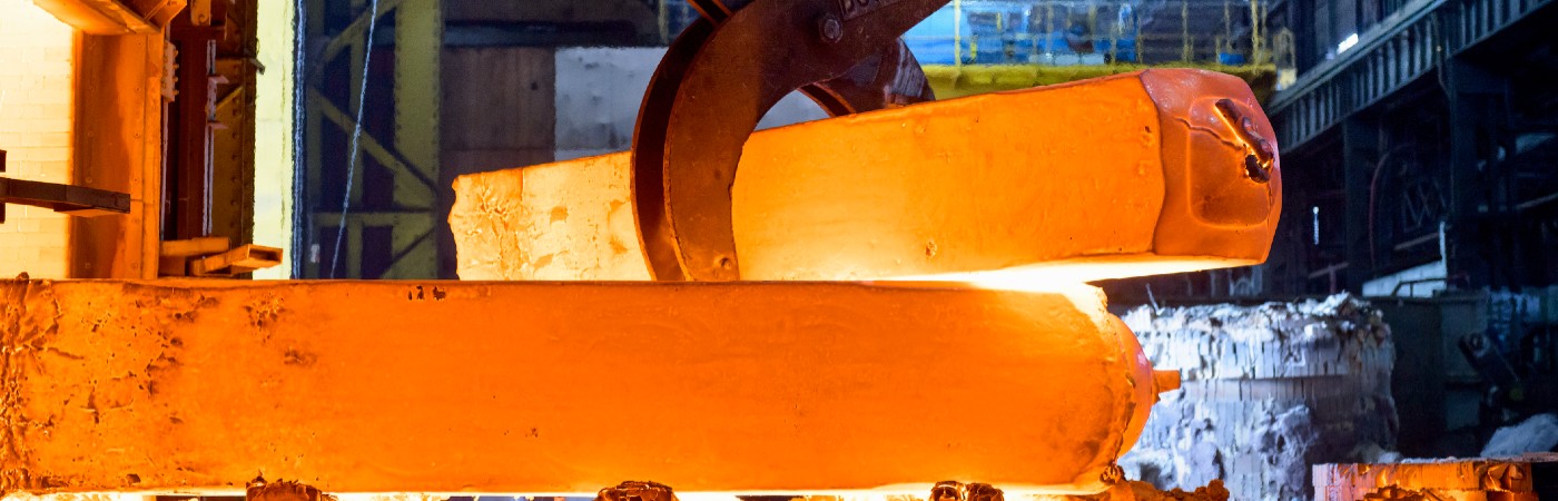 Hot steel girders in a steel mill